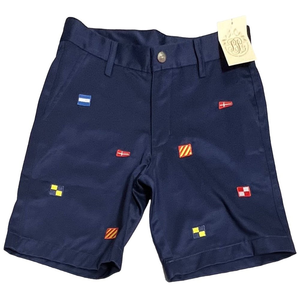 Navy Kids Shorts with Embroidered Nautical Flags